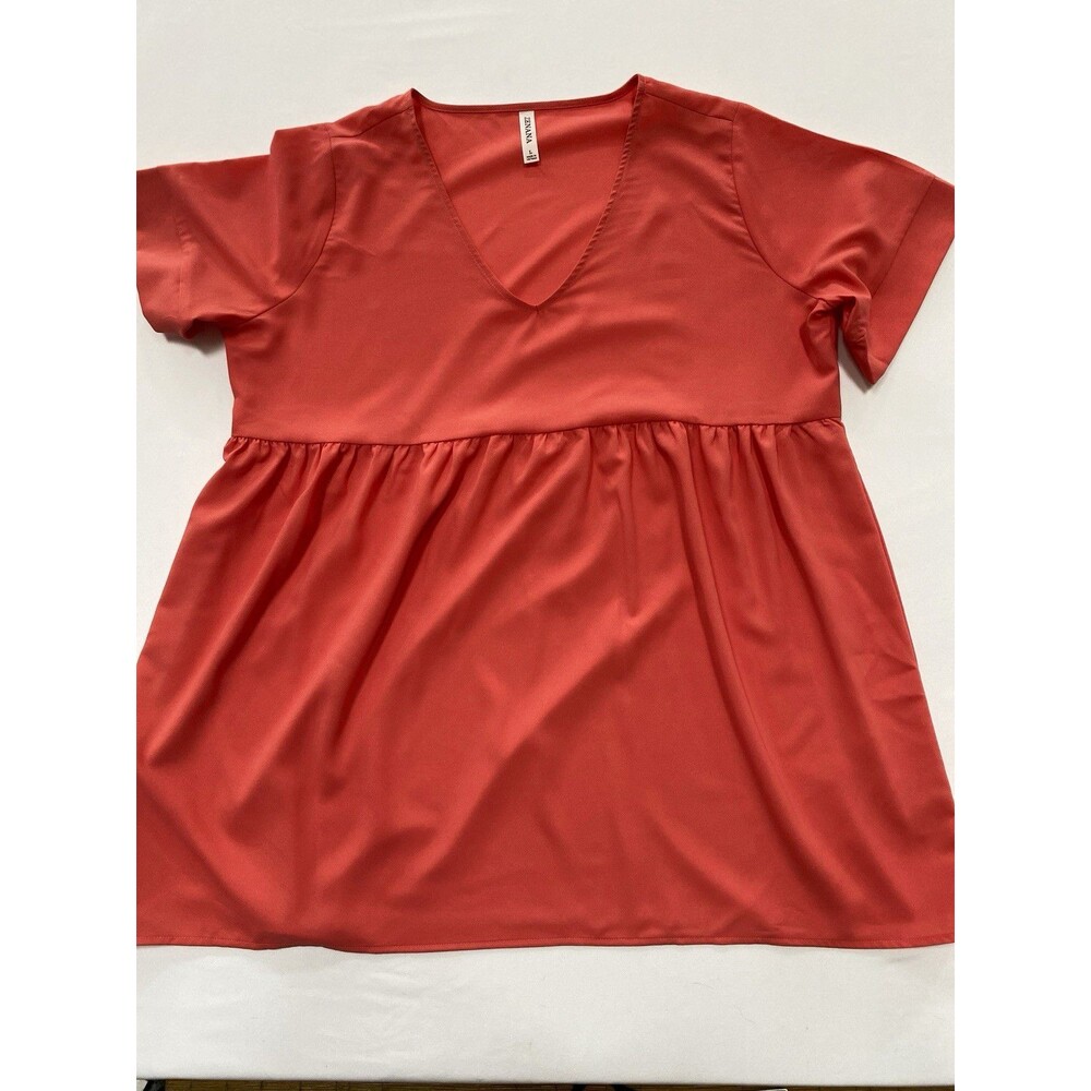 Zenana Womens M Coral Solid V-Neck Short Sleeve Babydoll Tunic Blouse